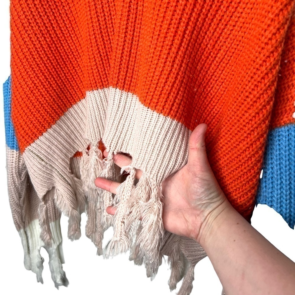 Shein V-Neck Colorblock Blue Orange Drop Shoulder Fringe Hem Sweater Size Medium - Picture 8 of 16